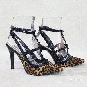 Caged Leopard Print Studded Strappy High Heel Shoes